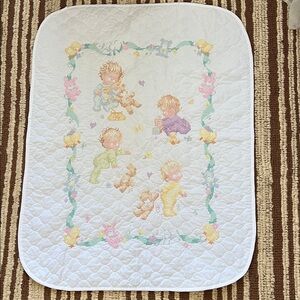 Hand Enbroidered Vintage Pastel Baby Quilt Blanket with Playful Design